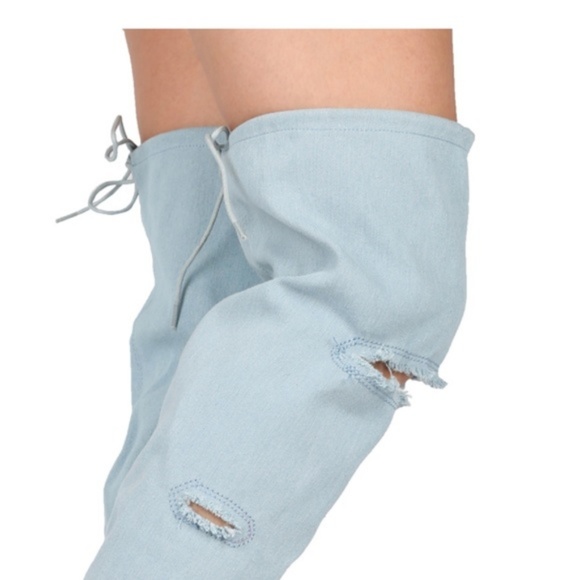 Wild Diva Peep Toe Light Denim Over the Knee Boots - Picture 3 of 8